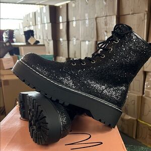 Wild Pair Black Glitter Lace-Up Combat Boots for Women